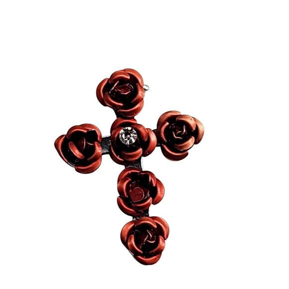 Red Enamel Rose Bud Cross Brooch Glass Rhinestone Accent Silver Tone Back - Picture 5 of 8